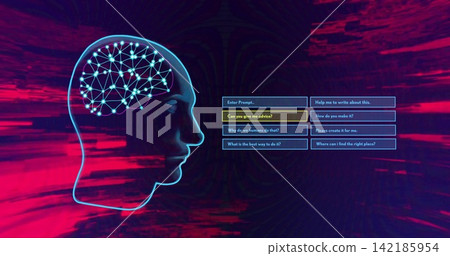 Displaying cyan head showing lit neural nodes and links at UI highlighted prompt panel, copy space Displaying cyan head showing lit neural nodes and links at UI highlighted prompt panel, copy space 142185954