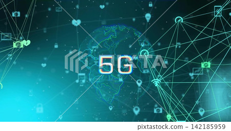 Glowing wireframe globe showing 5G, radiating network lines in cyberspace with node hubs 142185959
