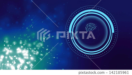 Displaying circular tech HUD showing head profile with neural mesh and glow bokeh, copy space 142185961