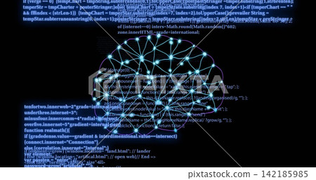 Glowing stylized neural-network brain graphic pulsing on black canvas, showing cyan nodes, code Glowing stylized neural-network brain graphic pulsing on black canvas, showing cyan nodes, code 142185985