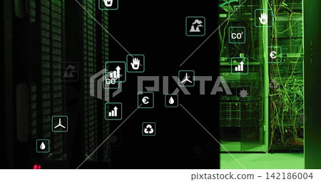 Framing right glass server cabinet showing dense cables and blinking LEDs in data aisle, copy space Framing right glass server cabinet showing dense cables and blinking LEDs in data aisle, copy space 142186004