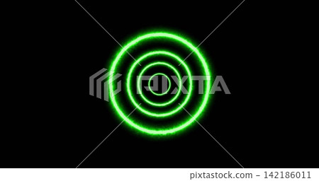 Glowing four concentric neon-green rings pulsing with electric edges in black field, HUD halo Glowing four concentric neon-green rings pulsing with electric edges in black field, HUD halo 142186011