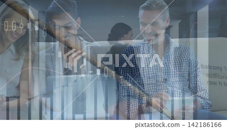 Analyzing financial graphics, team using laptop and tablet in modern lounge, man in checkered shirt Analyzing financial graphics, team using laptop and tablet in modern lounge, man in checkered shirt 142186166