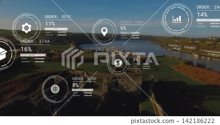 Showing stone castle ruin sitting above estuary and marina, HUD overlays showing order metrics 142186222