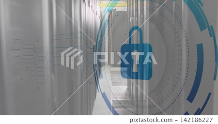 Overlaying blue padlock hovering over data center aisle, showing racks, vents, LEDs, HUD Overlaying blue padlock hovering over data center aisle, showing racks, vents, LEDs, HUD 142186227
