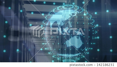 Hovering translucent holographic globe floating above data center aisle, with server racks and LEDs Hovering translucent holographic globe floating above data center aisle, with server racks and LEDs 142186231