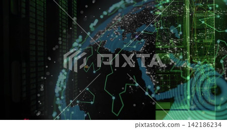 Displaying digital globe pulsing in dark data center, with neon-green network lines and racks Displaying digital globe pulsing in dark data center, with neon-green network lines and racks 142186234