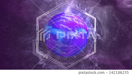 Rotating spherical purple-blue planet-like orb glowing in deep space, with hexagon HUD accents Rotating spherical purple-blue planet-like orb glowing in deep space, with hexagon HUD accents 142186235
