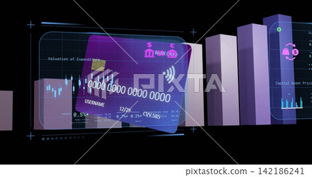 Hovering hologram credit card centered in finance dashboard showing EMV chip, tap icon, 3D bars Hovering hologram credit card centered in finance dashboard showing EMV chip, tap icon, 3D bars 142186241