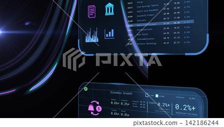Floating hologram panels showing Economic Growth charts and sector metrics in HUD with neon streaks Floating hologram panels showing Economic Growth charts and sector metrics in HUD with neon streaks 142186244