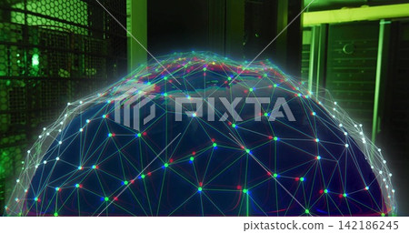 Displaying navy sphere showing glowing geodesic mesh, colored nodes in data center with green LED Displaying navy sphere showing glowing geodesic mesh, colored nodes in data center with green LED 142186245