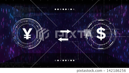 Displaying dual currency HUDs exchanging values in digital studio, with neon yen and dollar symbols Displaying dual currency HUDs exchanging values in digital studio, with neon yen and dollar symbols 142186256