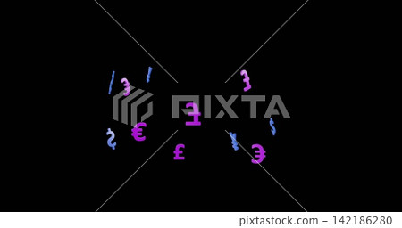 Floating neon pound euro dollar yen symbols glowing purple blue across black void Floating neon pound euro dollar yen symbols glowing purple blue across black void 142186280