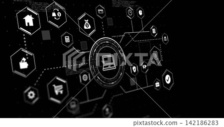 Displaying central HUD node with laptop icon on black screen, connecting hex icons via dotted lines 142186283