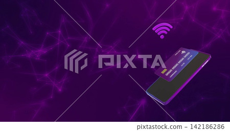 Floating purple smartphone holding EMV card with contactless icon in tech network, copy space Floating purple smartphone holding EMV card with contactless icon in tech network, copy space 142186286