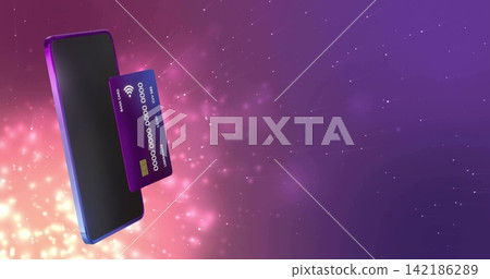 Floating phone and purple credit card hovering in studio with contactless symbol, bokeh, copy space Floating phone and purple credit card hovering in studio with contactless symbol, bokeh, copy space 142186289