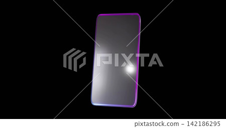 Floating modern smartphone showing glossy glass, specular sheen, magenta-blue bezel on black void Floating modern smartphone showing glossy glass, specular sheen, magenta-blue bezel on black void 142186295