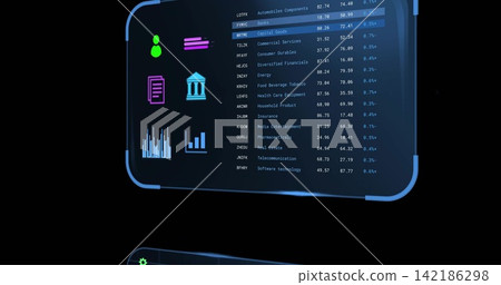 Floating curved transparent holographic panel showing financial table in dark studio, with UI icons Floating curved transparent holographic panel showing financial table in dark studio, with UI icons 142186298