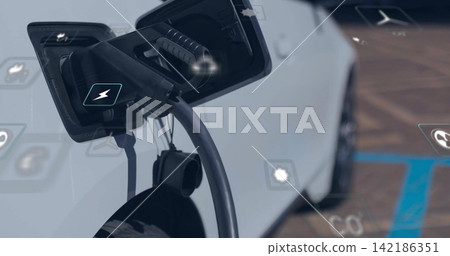 Charging Type2 connector inserting into white car port with open flap, thick cable, bolt overlays Charging Type2 connector inserting into white car port with open flap, thick cable, bolt overlays 142186351