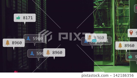Highlighting server rack showing open rack, green cables and notification bubbles in data center Highlighting server rack showing open rack, green cables and notification bubbles in data center 142186356