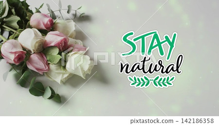 Displaying bouquet pink-white roses and eucalyptus on pale backdrop, STAY natural sign, copy space 142186358