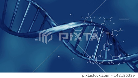Showing blue DNA helix running diagonally in abstract lab graphic with chemical overlays and labels Showing blue DNA helix running diagonally in abstract lab graphic with chemical overlays and labels 142186359