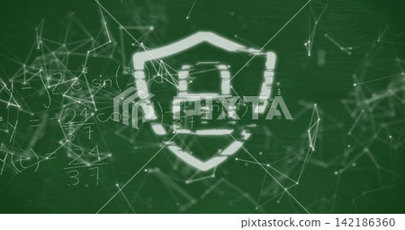 Glowing white shield with padlock hovering on green board, showing network nodes and math scribbles Glowing white shield with padlock hovering on green board, showing network nodes and math scribbles 142186360