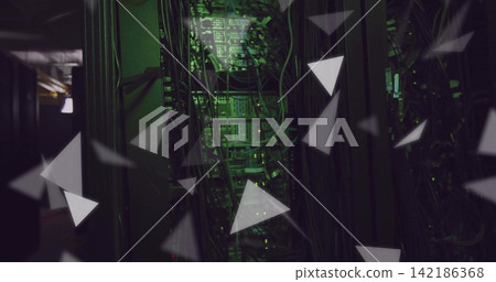 Lighting server rack showing servers or switches, cables, blinking LEDs and triangles in server aisl 142186368