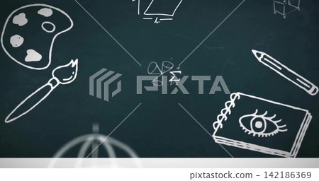 Displaying central technical doodles on classroom chalkboard, showing palette, notebook, pencil Displaying central technical doodles on classroom chalkboard, showing palette, notebook, pencil 142186369