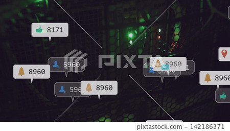 Floating alert bubbles with icons hovering over rack mesh with green LEDs, cables, orange spark Floating alert bubbles with icons hovering over rack mesh with green LEDs, cables, orange spark 142186371