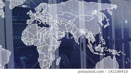 Displaying outline world map on glass panel in server room, showing server racks and cables Displaying outline world map on glass panel in server room, showing server racks and cables 142186410