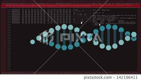 Stylized DNA helix spanning center band in maroon frame, showing hex dump, terminal text and cursor Stylized DNA helix spanning center band in maroon frame, showing hex dump, terminal text and cursor 142186411