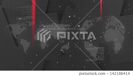 Displaying dotted world map and globe pulsing in data visual backdrop, with red beams, grid, code Displaying dotted world map and globe pulsing in data visual backdrop, with red beams, grid, code 142186414