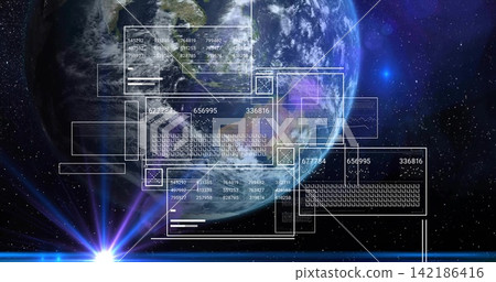 Displaying planet Earth from orbit, overlaying wireframe UI panels, numeric data and lens flare 142186416