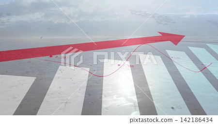 Showing finance charts over lake at mountain horizon with sun glare, red arrow, bars, magenta line Showing finance charts over lake at mountain horizon with sun glare, red arrow, bars, magenta line 142186434