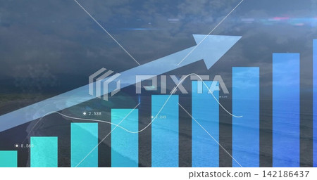 Showing transparent finance chart over coastline, displaying bars, upward arrow, trend line, labels Showing transparent finance chart over coastline, displaying bars, upward arrow, trend line, labels 142186437