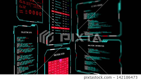 Displaying cyan HUD panels floating in virtual console, showing code, tables, charts, indicators Displaying cyan HUD panels floating in virtual console, showing code, tables, charts, indicators 142186473