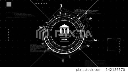 Displaying central banking HUD rotating on fintech UI, with bank icon, BANK label, currency symbols Displaying central banking HUD rotating on fintech UI, with bank icon, BANK label, currency symbols 142186570