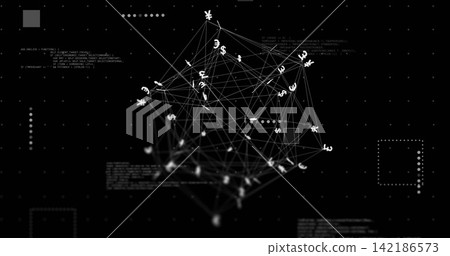 Rotating centered 3D wireframe network pulsing against black backdrop, with currency symbols 142186573