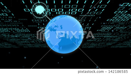 Glowing blue globe hovering in virtual cyberspace, connecting with binary streams and HUD node 142186585