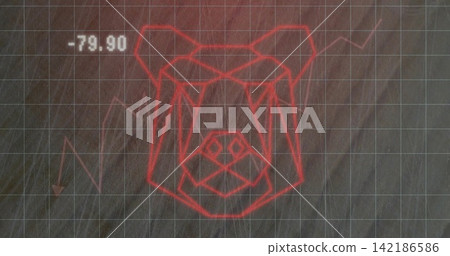 Displaying neon wireframe bear head centered on dark grid, showing jagged chart, -79 Displaying neon wireframe bear head centered on dark grid, showing jagged chart, -79 142186586