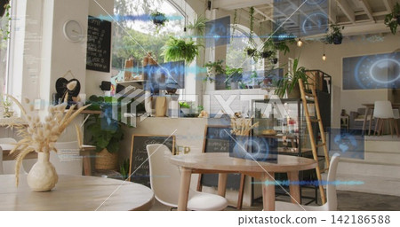 Showing round wooden table with ceramic vase and white chair at coffee shop, featuring AR HUD Showing round wooden table with ceramic vase and white chair at coffee shop, featuring AR HUD 142186588