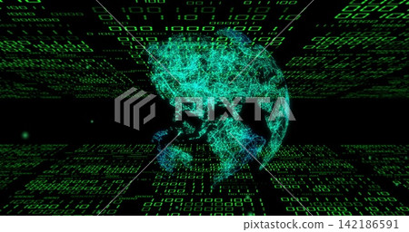 Rotating turquoise wireframe globe emitting cyan glow in cyberspace, with green binary grid 142186591
