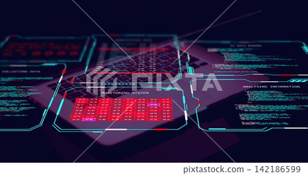 Projecting holographic panels pulsing over low-lit workstation, showing monitoring system grid Projecting holographic panels pulsing over low-lit workstation, showing monitoring system grid 142186599
