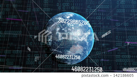 Rotating 3D globe showing clouded continents in data grid, overlaying numeric IDs, binary, neon Rotating 3D globe showing clouded continents in data grid, overlaying numeric IDs, binary, neon 142186605
