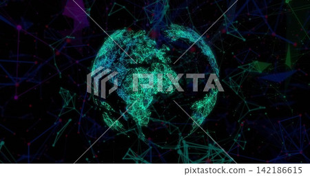 Pulsing neon wireframe globe tracing land outlines connecting nodes in virtual network, with mesh 142186615