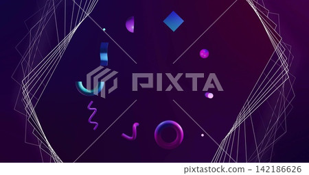 Floating neon cluster drifting in deep violet gradient, with magenta torus and wireframe edges Floating neon cluster drifting in deep violet gradient, with magenta torus and wireframe edges 142186626