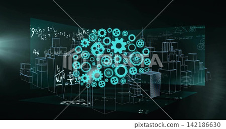 Floating teal gear-brain hologram hovering above grid floor, with three panels and wireframe blocks Floating teal gear-brain hologram hovering above grid floor, with three panels and wireframe blocks 142186630