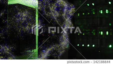 Swirling luminous particle cloud moving across tech interior, passing lit green panel and LED rack 142186644