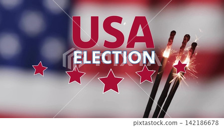 Displaying bold USA ELECTION text and three lit sparklers on blurred flag backdrop in promo poster Displaying bold USA ELECTION text and three lit sparklers on blurred flag backdrop in promo poster 142186678